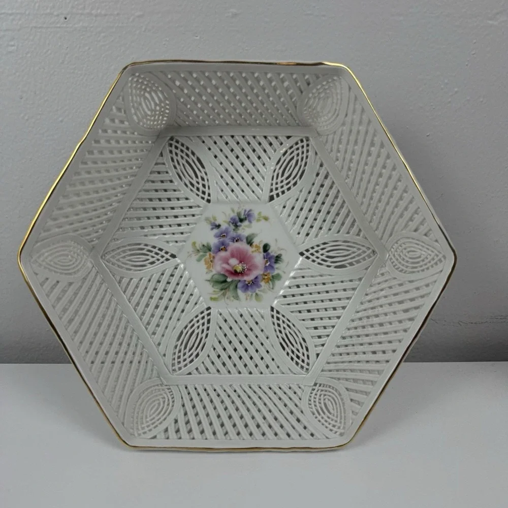 Vtg Russ‎ Collection Lattice Porcelain Bowl Floral Gold Trim Vanity Dish